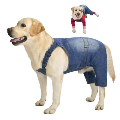 Miaododo Blugi pentru câini de dimensiuni medii și mari Salopete pentru câini Haina din denim Costume Pantaloni pentru câini spălați vintage albastru Jachetă clasică