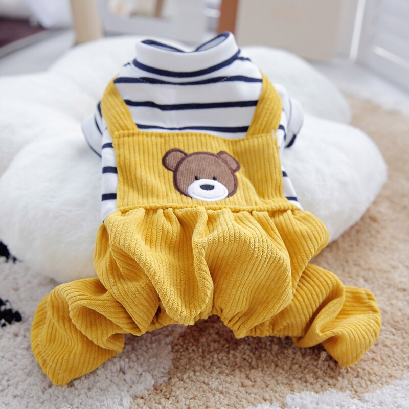 Žlté nohavice s medveďom, zimný overal pre psa s čiernym pruhovaným tričkom, šteniatka Yorkshire, malé zvieratá, jesenný overal pre domáce zvieratá, oblečenie, odevy, tovar