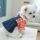 Šuo Buffalo Plaid Džinsai Meškiuko spausdinimo Naminių gyvūnėlių suknelės Šuniuko kostiumo Suknelė su languotu kačiuko šuniuko princesės suknelė Naminių gyvūnėlių sijonu