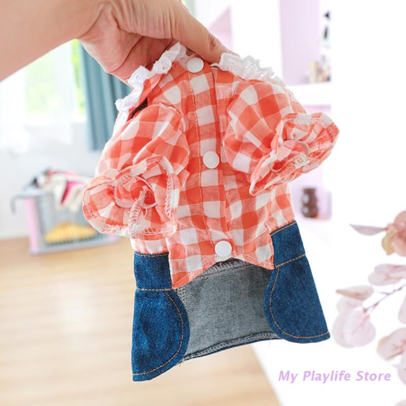 Šuo Buffalo Plaid Džinsai Meškiuko spausdinimo Naminių gyvūnėlių suknelės Šuniuko kostiumo Suknelė su languotu kačiuko šuniuko princesės suknelė Naminių gyvūnėlių sijonu