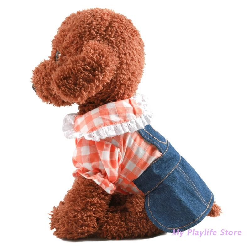 Šuo Buffalo Plaid Džinsai Meškiuko spausdinimo Naminių gyvūnėlių suknelės Šuniuko kostiumo Suknelė su languotu kačiuko šuniuko princesės suknelė Naminių gyvūnėlių sijonu