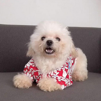 Teddy Pomeranian Beach Holiday Идилична риза Куче Тениска Щампа с хризантема Двукрака жилетка с дизайн на памучни копчета за лятото