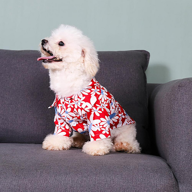 Teddy Pomeranian Beach Holiday Idylické tričko so psom Tričko s potlačou chryzantém, obojstranná bavlnená vesta s gombíkovým dizajnom na leto