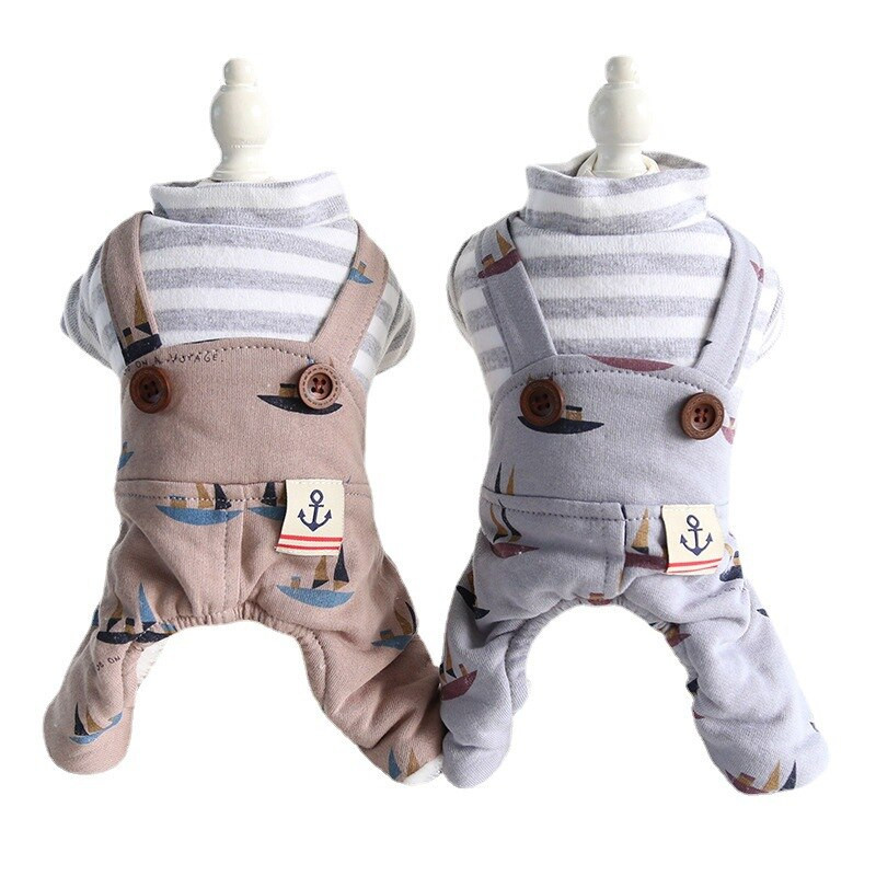 Oblečenie pre psov s potlačou plachetnice, pruhmi a šteniatkami pre štyroch nohách, zimný overal pre psov