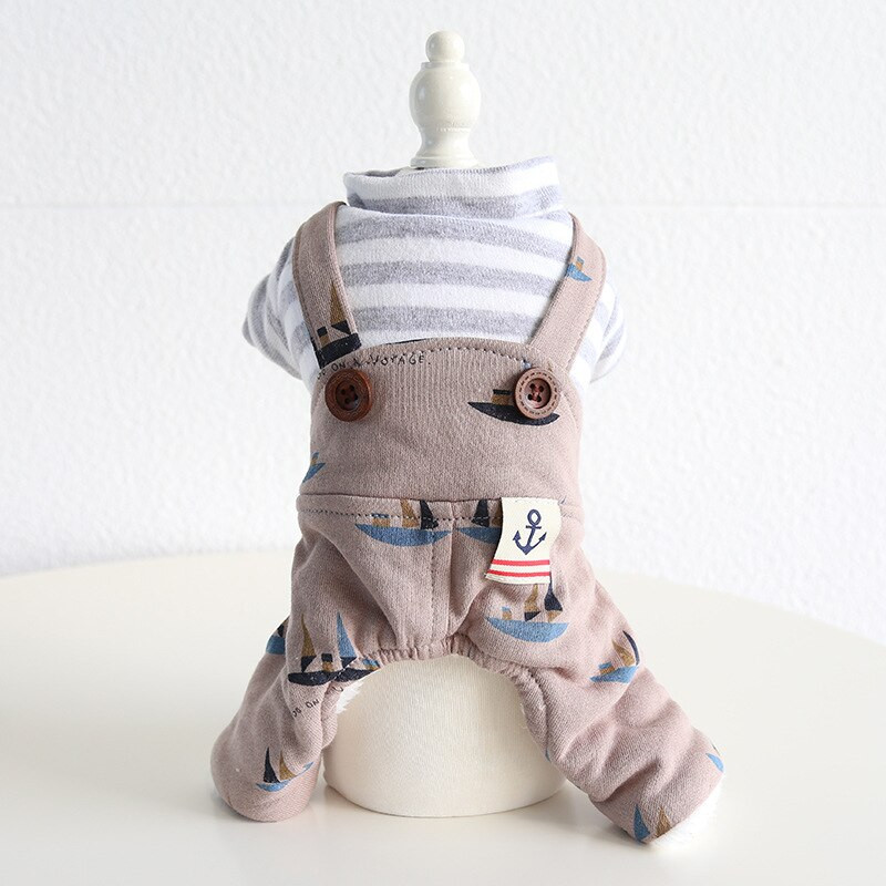 Oblečenie pre psov s potlačou plachetnice, pruhmi a šteniatkami pre štyroch nohách, zimný overal pre psov