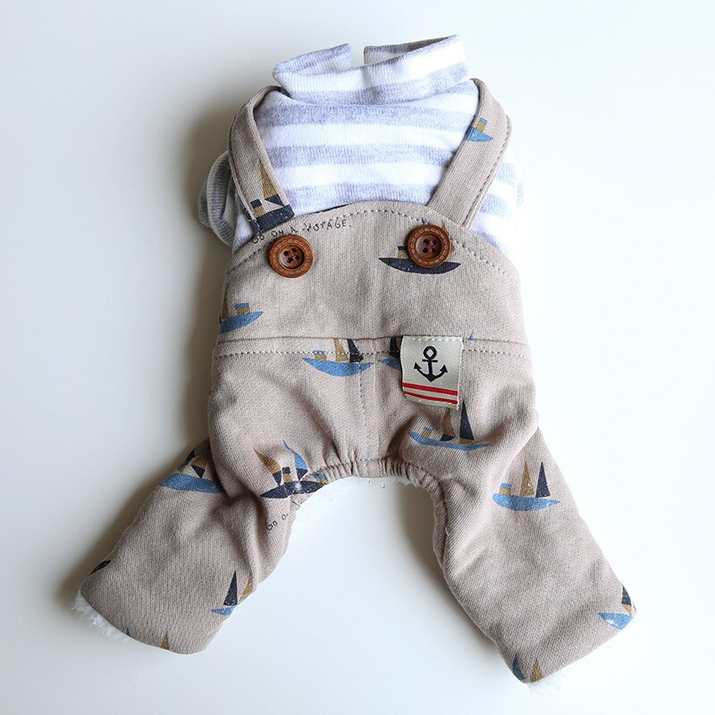 Oblečenie pre psov s potlačou plachetnice, pruhmi a šteniatkami pre štyroch nohách, zimný overal pre psov