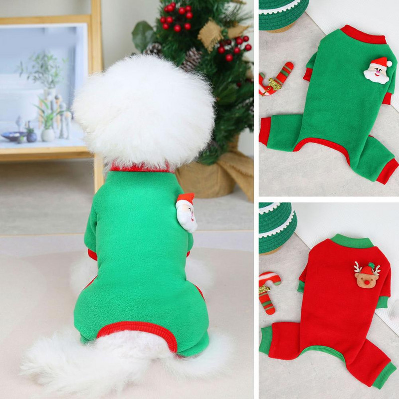 Haine de Crăciun pentru animale de companie, cu fir moale, confortabil, îngroșat, ocazional, menține căldura fleece, patru jambiere, costum pentru animale de companie pentru iarnă