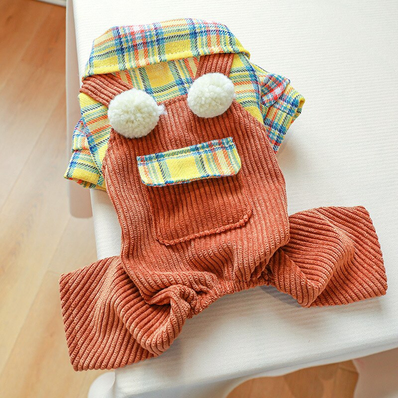 Jeseň a zima 2022 Najnovšie oblečenie pre domáce zvieratá s kockovaným dizajnom, štvornohé oblečenie pre domáce zvieratá s guľôčkovým vzorom, nohavice s kurkumou, roupa cachorro, overal
