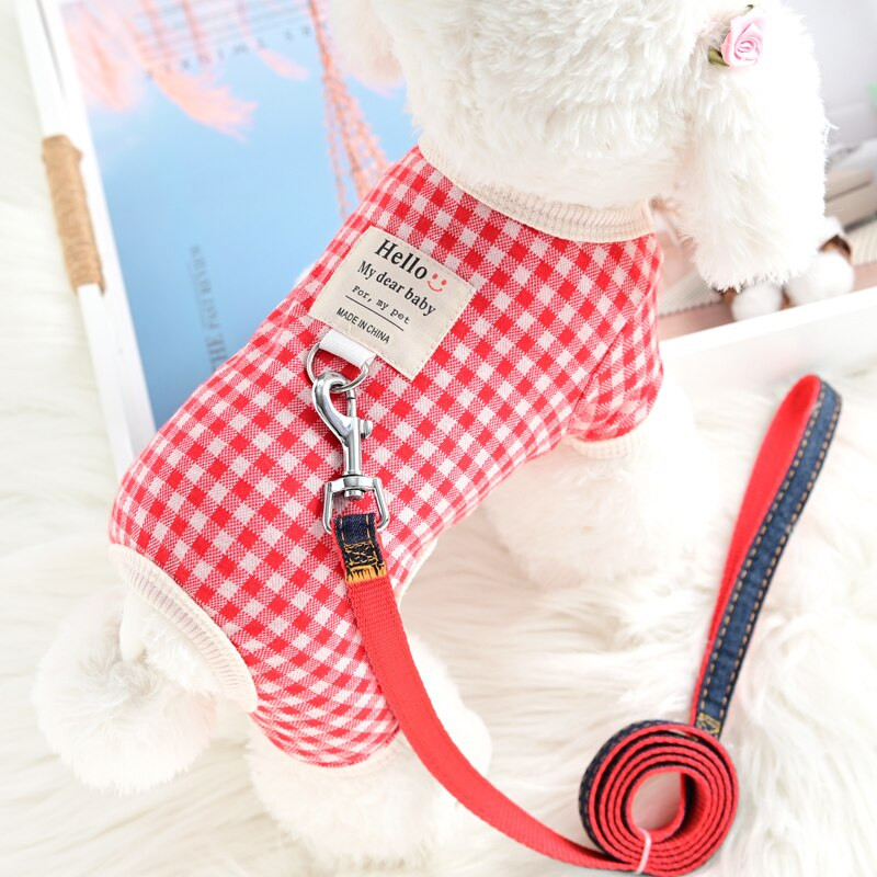 Klasické kockované pyžamo pre psov, mäkké bavlnené psí overal s vodítkom, tričko do každého počasia, pyžamové kostýmy, oblečenie pre domáce zvieratá pre malých psov