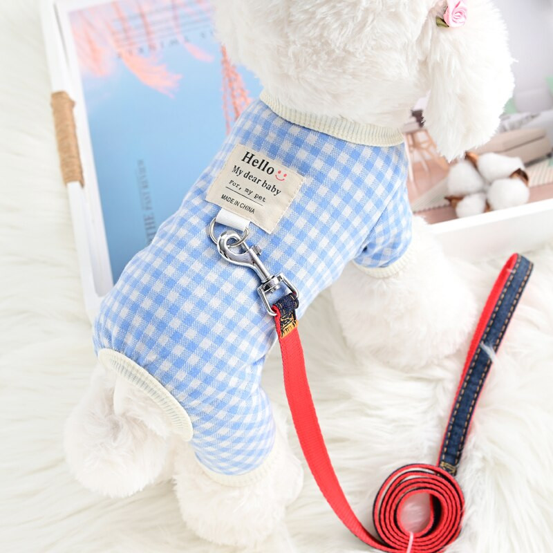 Klasické kockované pyžamo pre psov, mäkké bavlnené psí overal s vodítkom, tričko do každého počasia, pyžamové kostýmy, oblečenie pre domáce zvieratá pre malých psov