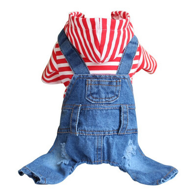 Denim cu dungi la modă Salopetă pentru câine de companie Blugi Cățeluș Pisică Salopete cu glugă Mantoane Jachete Haine de primăvară/vară pentru hanorac Yorkie