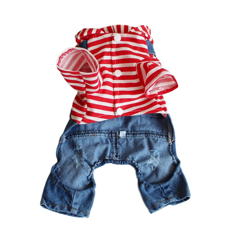 Denim cu dungi la modă Salopetă pentru câine de companie Blugi Cățeluș Pisică Salopete cu glugă Mantoane Jachete Haine de primăvară/vară pentru hanorac Yorkie