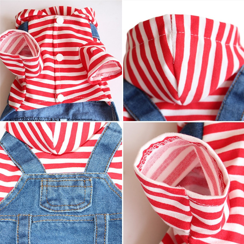Denim cu dungi la modă Salopetă pentru câine de companie Blugi Cățeluș Pisică Salopete cu glugă Mantoane Jachete Haine de primăvară/vară pentru hanorac Yorkie