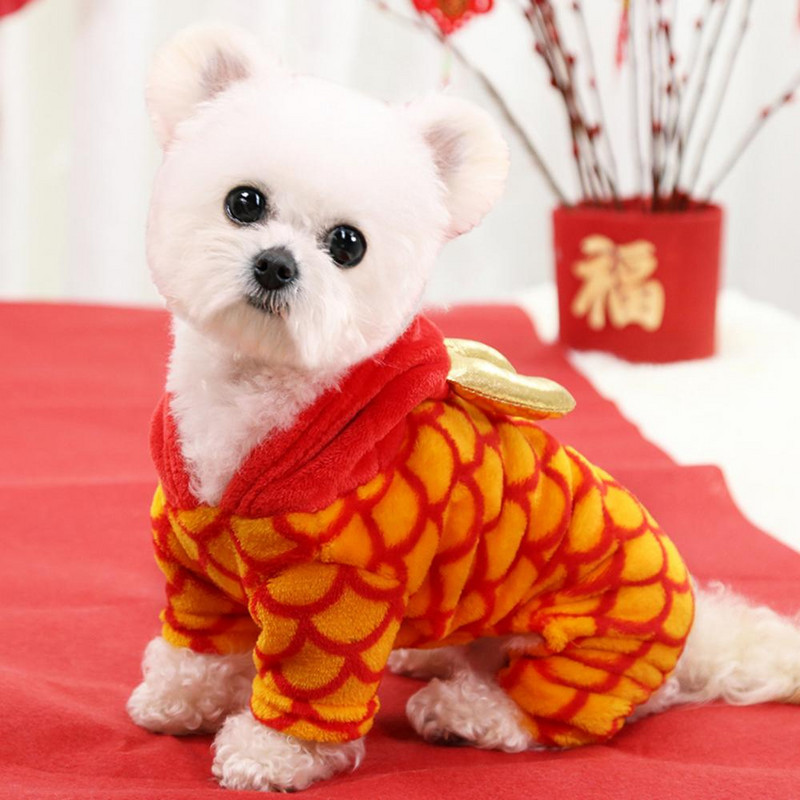 Armas mustriga pidulik draakoni disain koera flanellmantel kapuuts uusaasta stiil neljajalgse lemmiklooma riietus kutsikas kass pullover Lemmikloomade rõivad