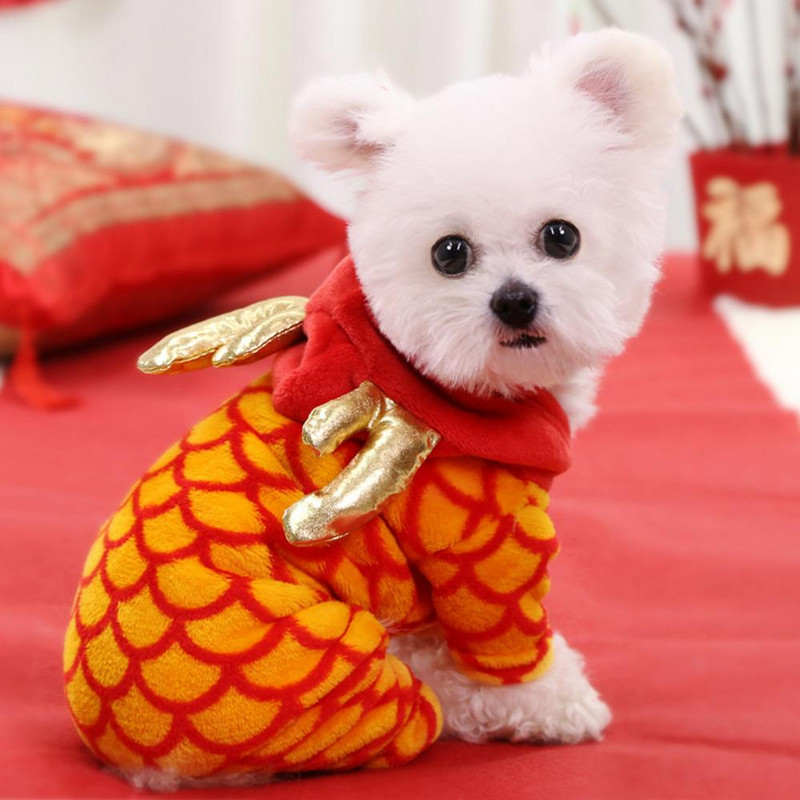 Armas mustriga pidulik draakoni disain koera flanellmantel kapuuts uusaasta stiil neljajalgse lemmiklooma riietus kutsikas kass pullover Lemmikloomade rõivad
