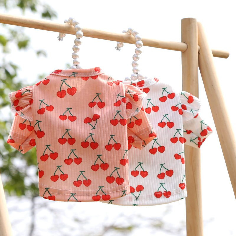 Jarné letné psíky, roztomilé pyžamo s čerešňovou potlačou, lietajúce rukávy, spodná košeľa, oblečenie pre psov pre malé psy, svetre pre čivavy