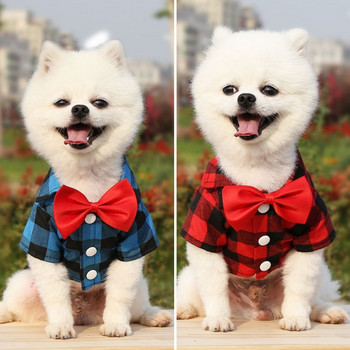 Дрехи с къс ръкав Домашно куче Кариран костюм Риза с папийонка Лятна тениска за малки средни кучета Пудел Кученце Сватбен костюм