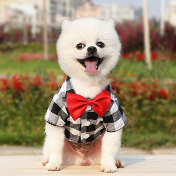 Дрехи с къс ръкав Домашно куче Кариран костюм Риза с папийонка Лятна тениска за малки средни кучета Пудел Кученце Сватбен костюм