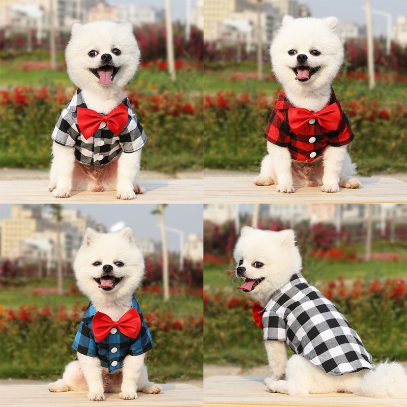 Oblečenie s krátkym rukávom pre domácich miláčikov, kockované tričko s motýlikom, letné tričko pre malé a stredné psy, pudel, šteniatko, svadobný kostým