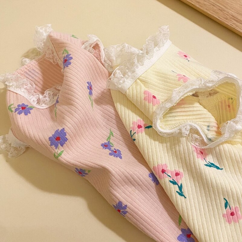 Розова дантелена пижама за кученца Лятна жилетка за домашни любимци Тънък пуловер с шнауцер Тениска с цветя Теди Популярни дрехи за кучета Аксесоари за кучета