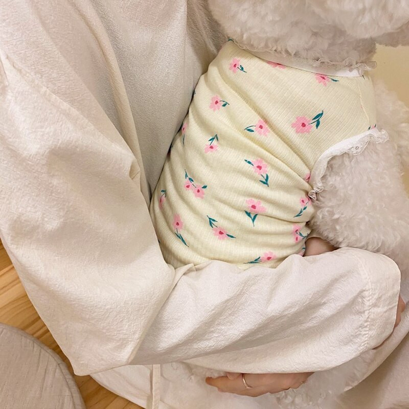 Розова дантелена пижама за кученца Лятна жилетка за домашни любимци Тънък пуловер с шнауцер Тениска с цветя Теди Популярни дрехи за кучета Аксесоари за кучета