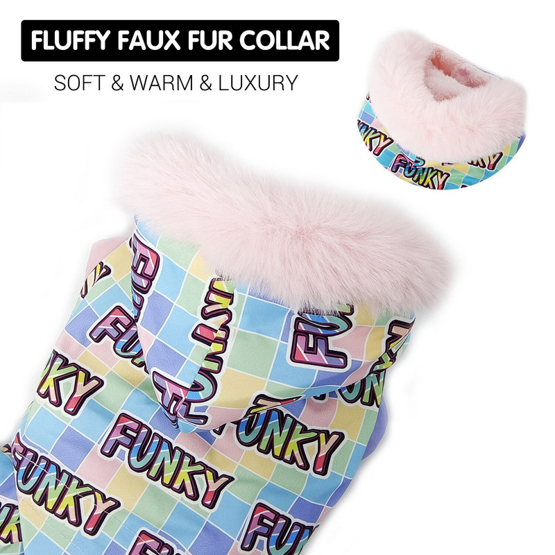 Téli ruhák kis kutyáknak Szuper meleg rózsaszín lány kutyakabát bolyhos szőrme nyakörvvel, vízálló szélálló kiskutya hóruha overál