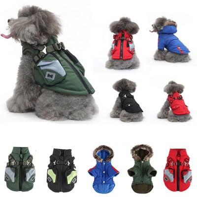 Winter Pet Dog Cotton Clothes Chest Zipper Thoracodorsal Warm Hat Jacket Thicker Coat Pocket Assault Suit Casual Puppy Clothing