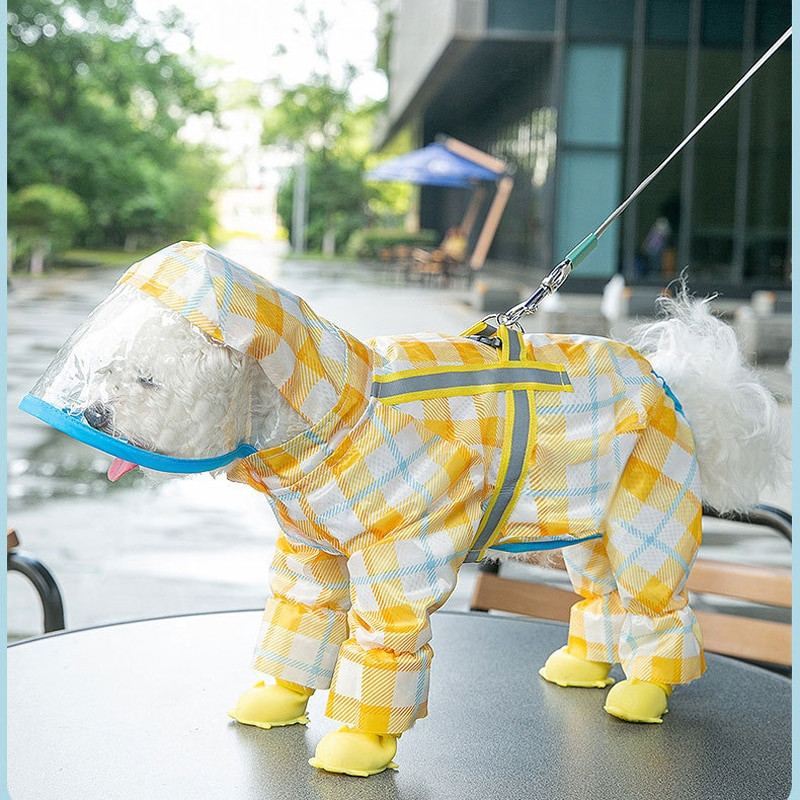 Pelernă de ploaie pentru câini de companie, în carouri, frânghie de tracțiune, cu boruri mari, poncho pentru animale de companie, cu patru picioare, all-inclusive, pentru câini mici, haine reflectorizante