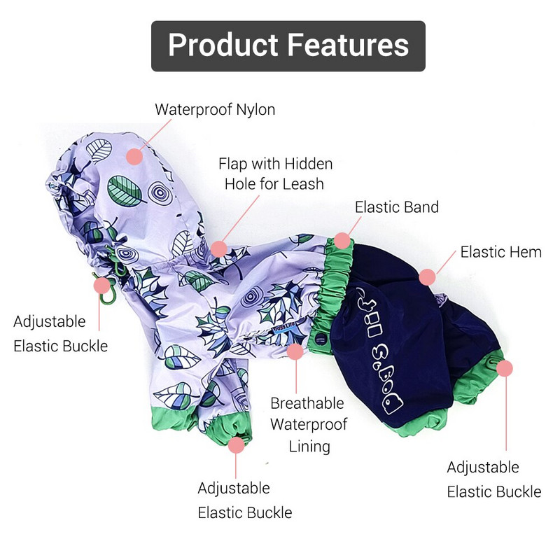 Dog Rain Jumpsuit veekindel hingav lemmiklooma vihmamantel väikestele koertele Kerge kaal reguleeritav kapuutsiga kutsika jope jalutusrihma auguga