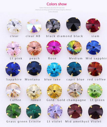 Всички размери 25-цветни Rivoli кръгли шевни стъклени камъни, пришити кристални кристали, златен нокът Montees за занаятчийски украса за глава, дрехи, обувки