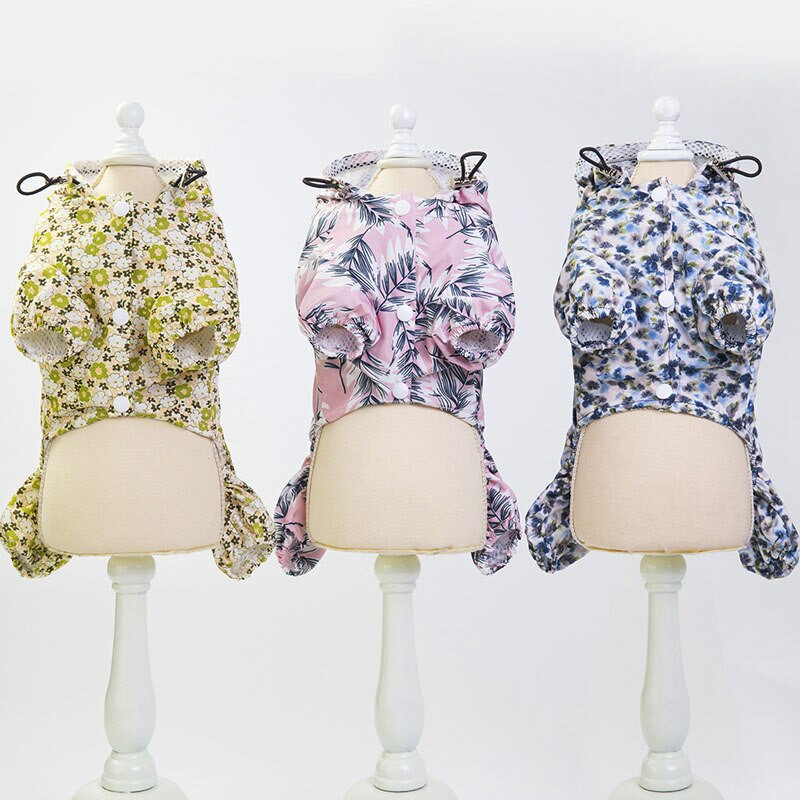 Pláštenka pre domáce zvieratá s potlačou, modrá, ružová, žltá, kvetinový vzor, 4 nohy, overal pre malé a stredné psy, pršiplášť, oblečenie pre domáce zvieratá