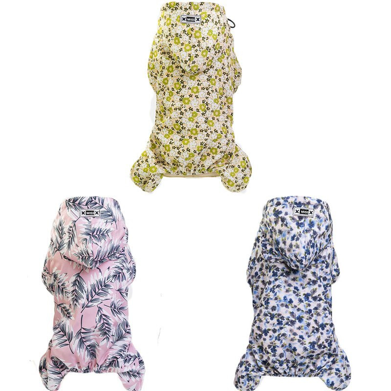 Pláštenka pre domáce zvieratá s potlačou, modrá, ružová, žltá, kvetinový vzor, 4 nohy, overal pre malé a stredné psy, pršiplášť, oblečenie pre domáce zvieratá