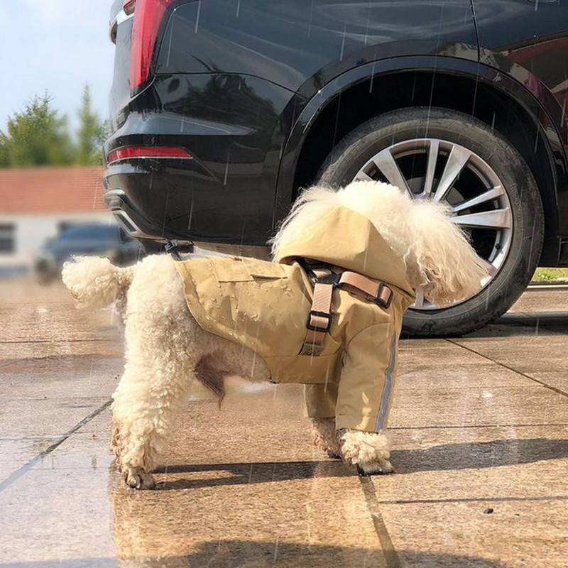 Дъждобран за домашни любимци, дизайн с качулка, светлоотразителна лента, регулируема катарама, гръб, водоустойчив с пръстен за сцепление, яке за дъжд, дрехи за кученца