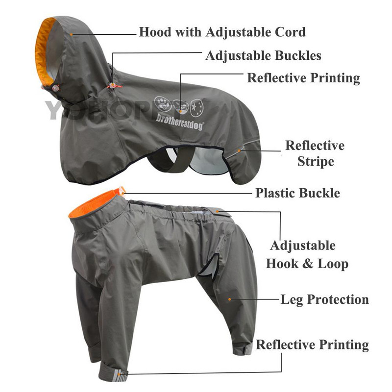 Pelernă de ploaie pentru câini de talie mare, design split, acoperită complet, impermeabilă, pentru animale de companie, cu glugă, jachetă reflectorizantă de ploaie/zăpadă.