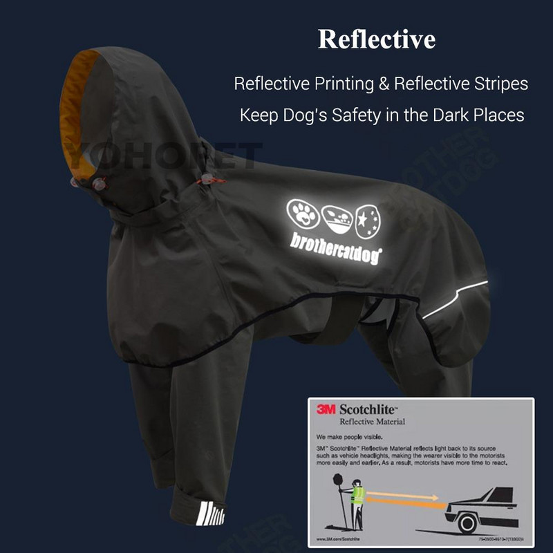Pelernă de ploaie pentru câini de talie mare, design split, acoperită complet, impermeabilă, pentru animale de companie, cu glugă, jachetă reflectorizantă de ploaie/zăpadă.