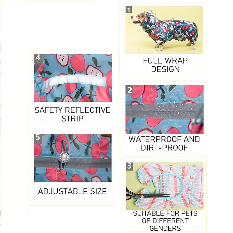 Lemmikloomade rõivad Veekindel kõikehõlmav koerte vihmamantel, mis sobib väikestele keskmistele koertele Neljajalgsete kapuutsiga Corgi puudlikoera vihmamantel