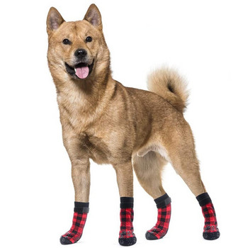 4бр. Коледни сладки карирани топли чорапи за кученце Плетени чорапи за домашни любимци Чорапи против приплъзване Обувки за кученце Малки средни кучета Продукт за домашни любимци