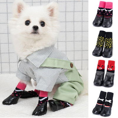 4pcs/set Waterproof Winter Dog Shoes Dog Rubber Cotton Socks Anti-slip Rain Snow Boots Thick Warm For Small Cats Outdoor Boots