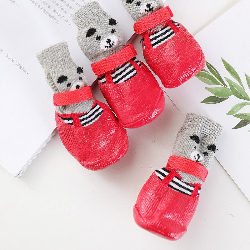 Pet Puppy Socks Сладки памучни гумени кучешки котешки обувки за малки кучета Котки Ботуши Обувки Водоустойчиви неплъзгащи се чорапи за дъжд и сняг 4 бр./компл.