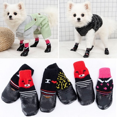 4Pcs Cute Pet Dog Shoes Rubber Warm Socks Waterproof Non-slip Dog Rain Snow Boots Socks Footwear For Puppy Small Cats Dogs YZL