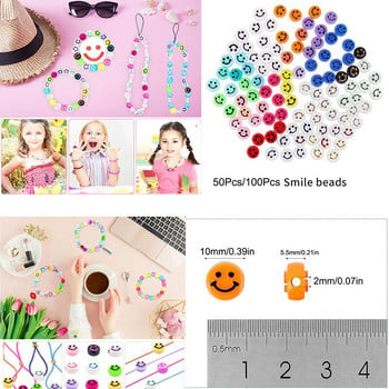 50/100 τεμ. Smiley Face Beads 10mm Ακρυλικό Στρογγυλό Happy Face Loose Spacer Beads Charms for Jewelry Making DIY Craft Accessories