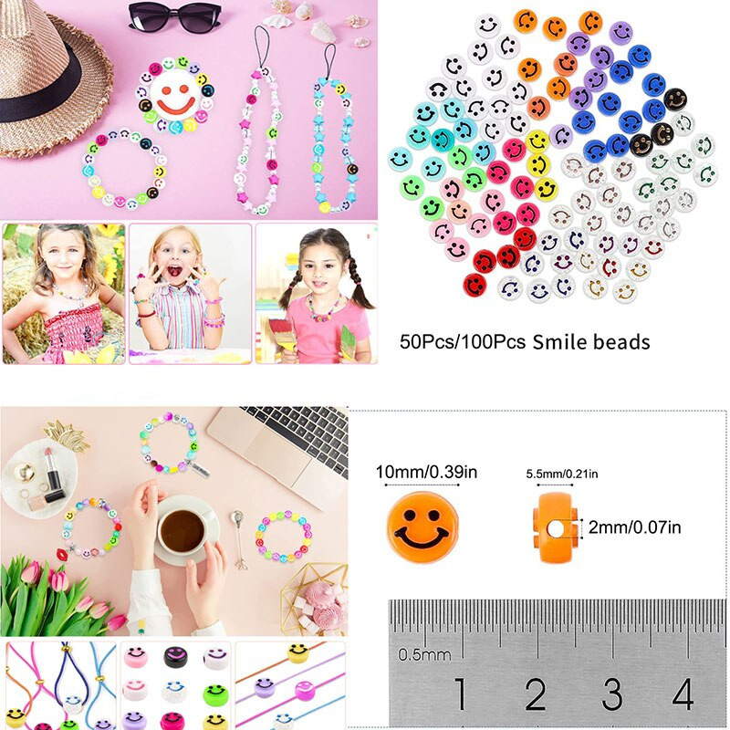 50/100 ks korálok smajlíkovej tváre 10 mm akrylové okrúhle šťastné tváre voľné dištančné korálky prívesky na výrobu šperkov DIY remeselné doplnky