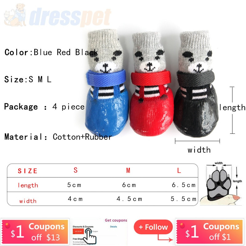 4 buc/set drăguț din cauciuc din bumbac pantofi pentru câini pentru animale de companie, impermeabili, anti-alunecare, cizme de zăpadă, șosete pentru cățeluși, pisici mari și mici