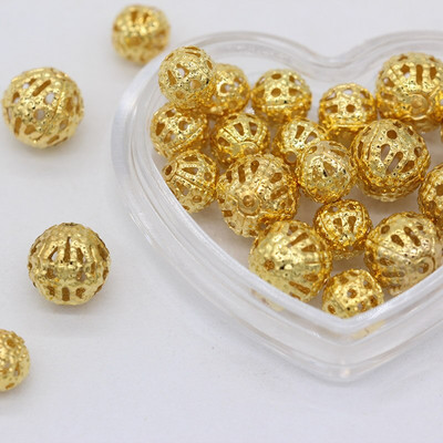 100p 6/8/10 mm позлатени, сребърни филигранни кухи кръгли мъниста за Направи си сам гривни Колиета Изработка на бижута Издълбани метални дистанционни мъниста