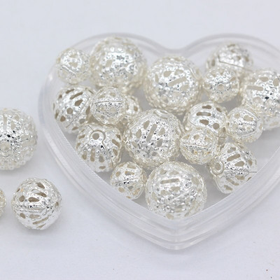 100p 6/8/10 mm позлатени, сребърни филигранни кухи кръгли мъниста за Направи си сам гривни Колиета Изработка на бижута Издълбани метални дистанционни мъниста