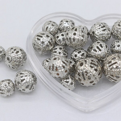 100p 6/8/10 mm позлатени, сребърни филигранни кухи кръгли мъниста за Направи си сам гривни Колиета Изработка на бижута Издълбани метални дистанционни мъниста