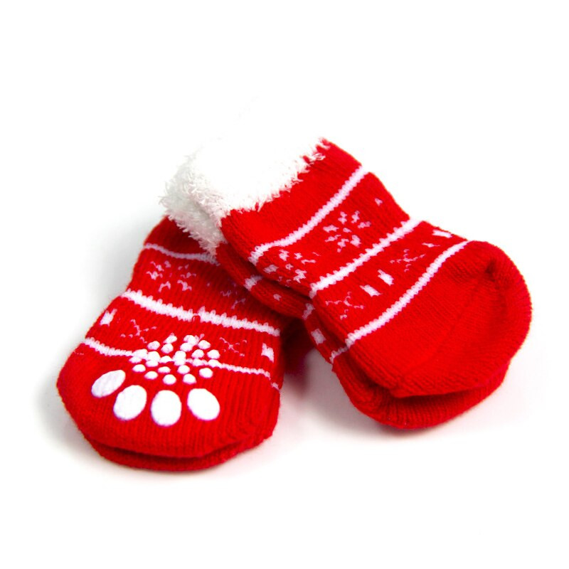 Câini de pisică de talie mică, tricot șosete calde, cățeluș, pantofi pentru câini, chihuahua, protecția labei groase, șosete imprimate pentru animale de companie, iarnă, set de Crăciun sport anti-alunecare