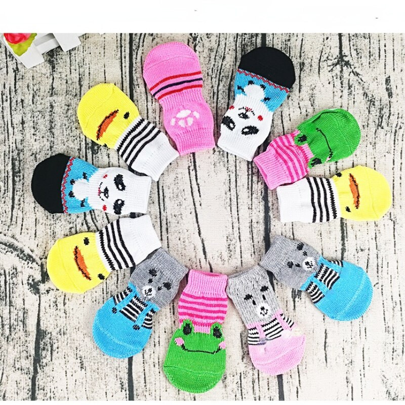 Pachet de 4 șosete pentru câini, desene animate, anti-alunecare, pantofi pentru cățeluși, husă cu imprimare pentru picior, protecție pentru labele de companie pentru câine de talie mică, chihuahua, spitz, Yorkie