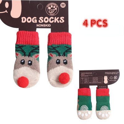 4 ks/sada vianočných ponožiek pre psov, protišmykové topánky pre mačky, teplé pletené hrubé chrániče labiek pre malé plemená špicov, yorkshirských psov, čivav