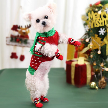 4 бр./компл. Коледни чорапи за кучета Зимни топли чорапи за домашни любимци Противоплъзгащи се плетени дебели защитни крака на лапите Сладко кученце на Дядо Коледа Котка Снежен ботуш